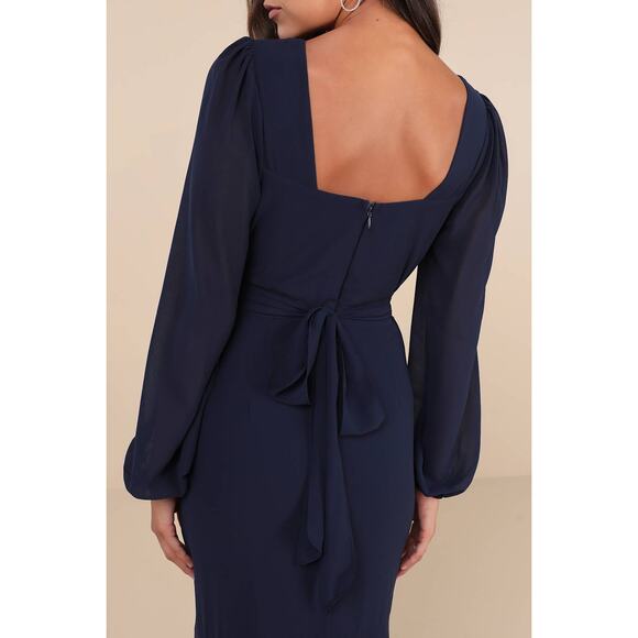Lulus NWT Tier Elegance Navy Sheer Long Sleeve Tiered Woven Tie Maxi Dress 2X - Picture 7 of 10